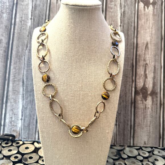 Vintage Tigers Eye Gemstones, Silver Oval Circles Chain Links Necklace 36 inch - Picture 1 of 6